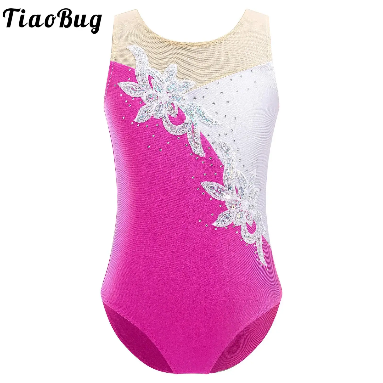 

Kids Girls Floral Sequin Ballet Gymnastics Leotards Bodysuit Sleeveless Gym Dance Training Rhinestone Figure Ice Skating Unitard