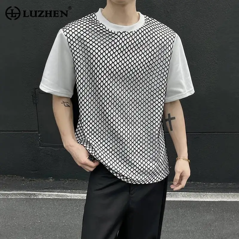 

LUZHEN 2026 Summer Fake Two Piece Design Mesh Hollow Out Short Sleeve T-shirts Men's Trendy Handsome Korean Casual Tops JY6817