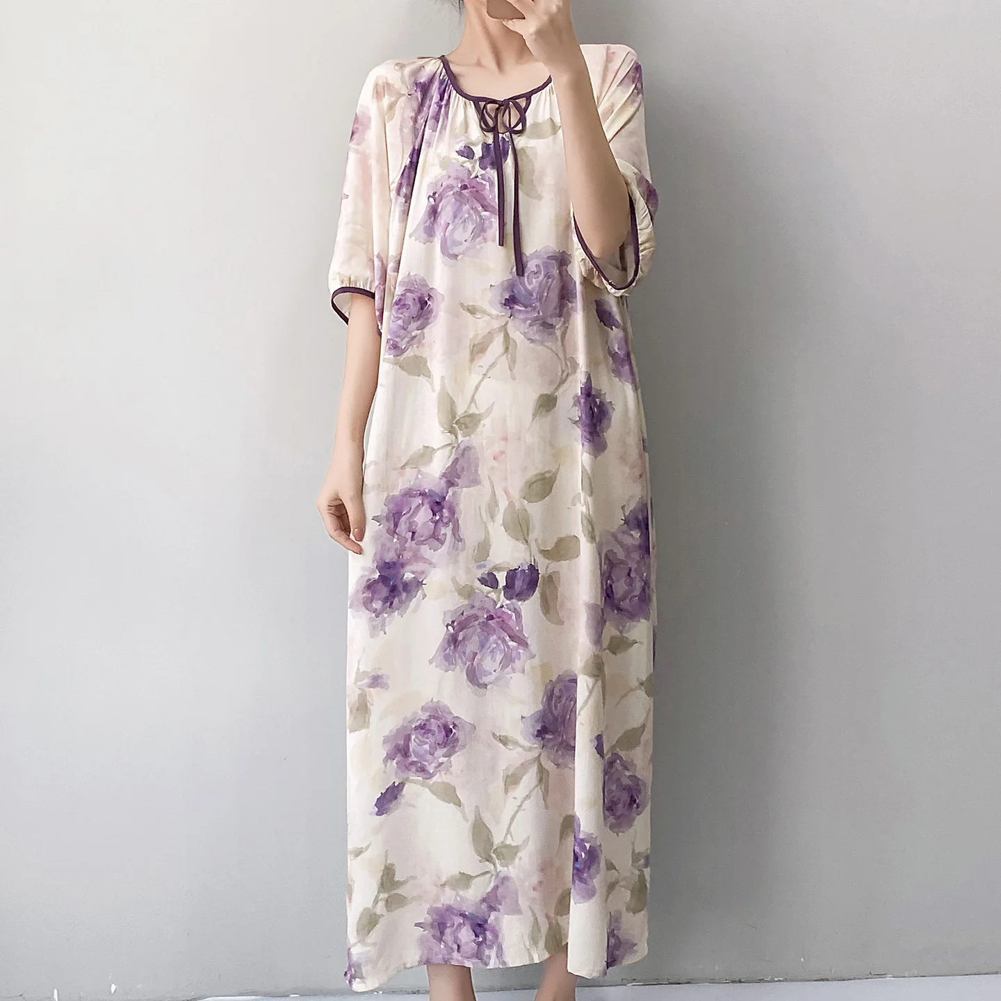 Summer New Women's Viscose Nightdress Half-sleeved Long Home Dress Round Neck Lace Up Nightgowns Causal Beach Vacation Dresses
