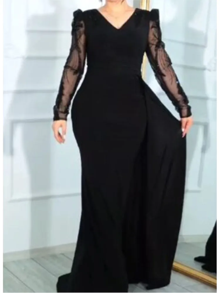 Birthday Party Evening Dress Women's Fashion Slim Sexy Small Trailing Dress Autumn V-neck Long-sleeved Solid Color Long Skirt