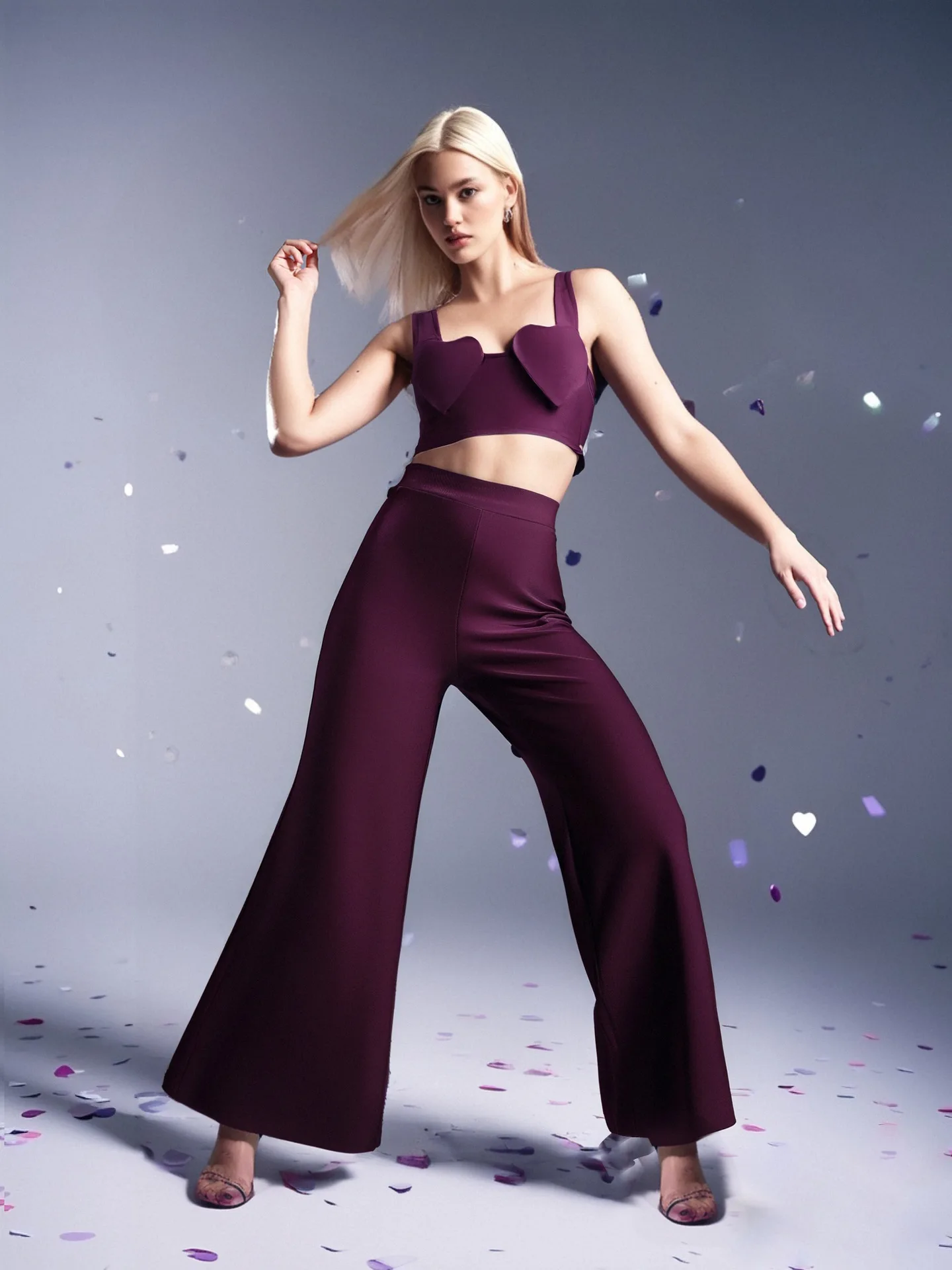 

2025 New Women Sexy Pearl Sleeveless Heart Tops Flare Claret Pants Two Pieces Skirt Set Elegant Evening Club Party Outfits