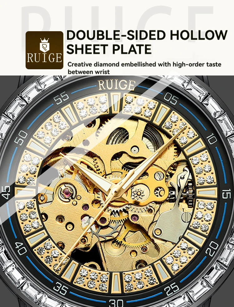 Ruige Luxe Heren Volautomatisch Mechanisch Horloge Rvs Diamant Ingelegd Holle Nacht Glow Waterdicht Trendy Horloge