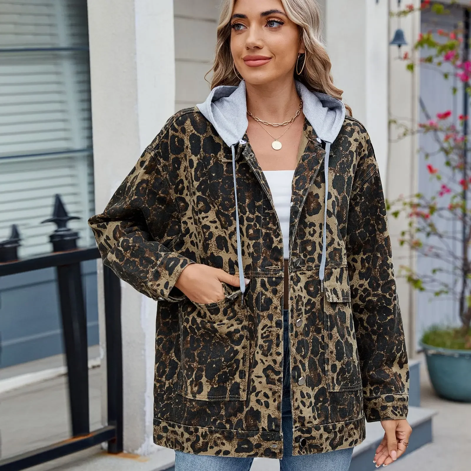 

Denim Jacket Women Leopard Print Coat Washed Removable Hood Pockets Turn Down Collar Single Breasted 2025 Streetwear Outerwear