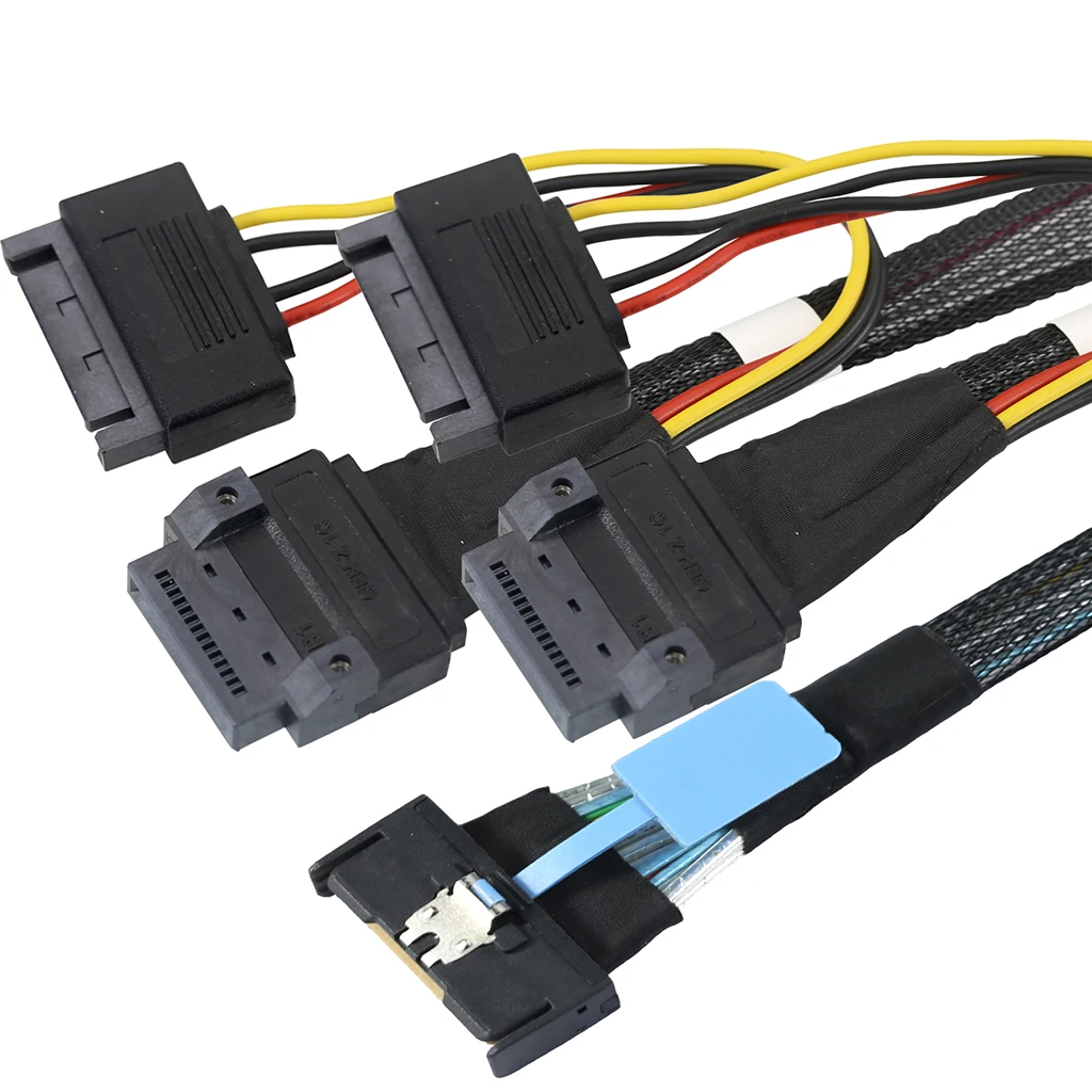 PCIe MCIO 8i 74P to Dual GEN‑Z 1C 56P Female Cable with 15P SATA Power Harness 50cm/80cm for Server NVMe SSD RAID HBA Expansion