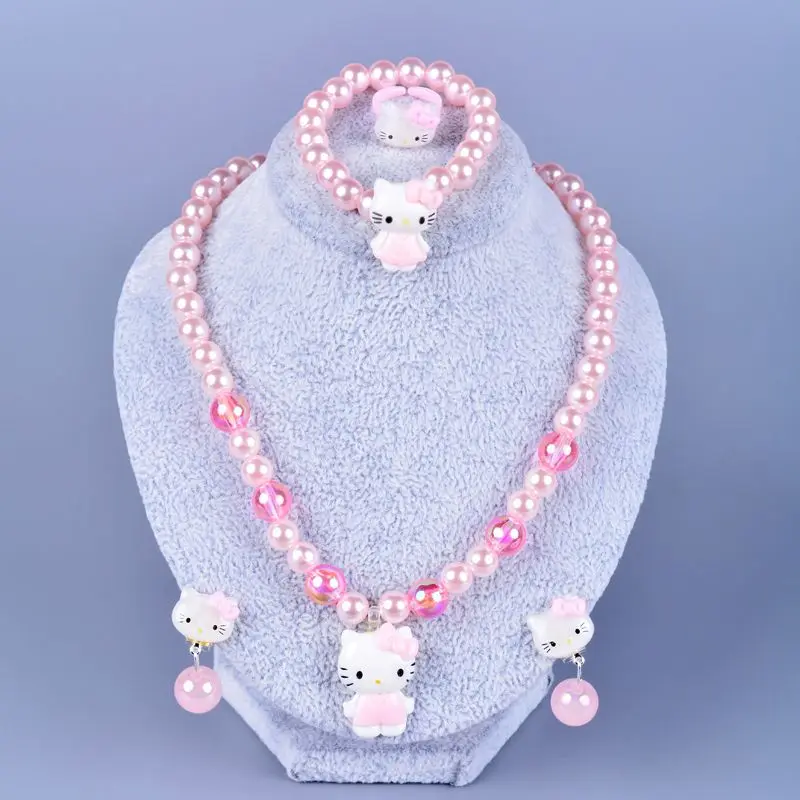 Sanrio Hello Kitty Children\'s Cartoon Necklace Bracelet Ear Stud Ring Set Girl Princess Head Ornament Earring Clip