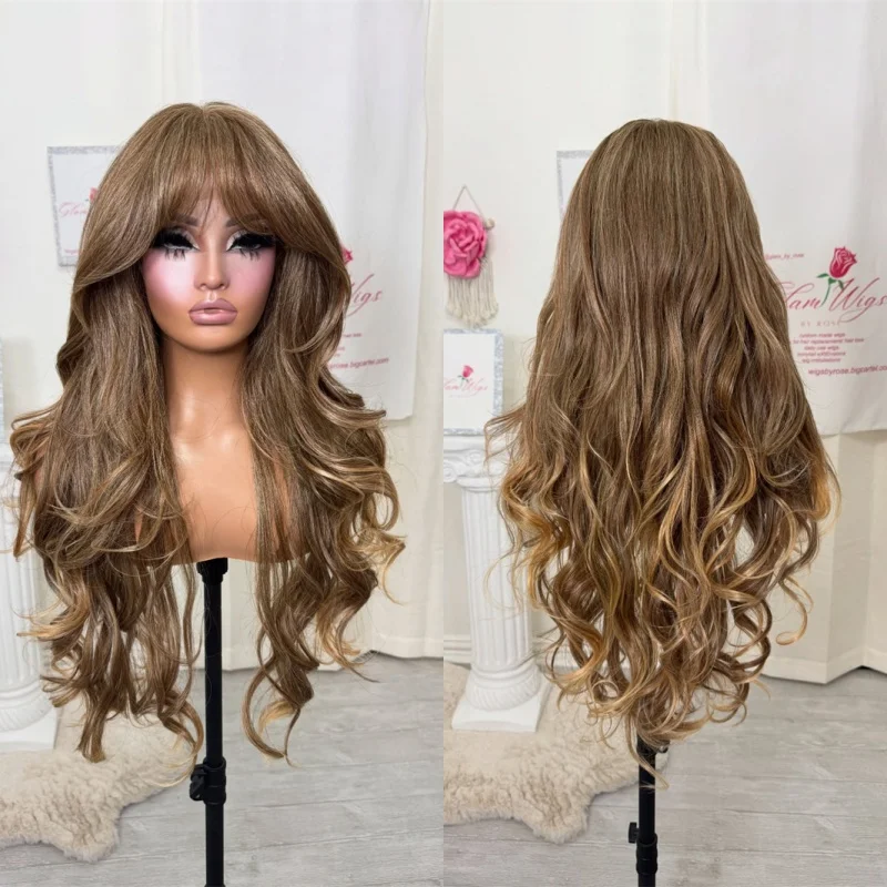 

Glueless Realistic Look Wig Ombre Caramel Brown Balayage Luxury Synthetic Lace Front Wig with Bangs Glueless Wig Costume Woman