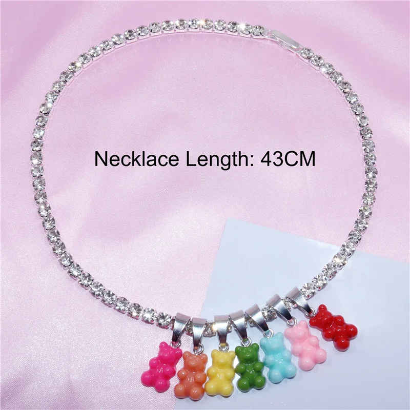 Handmade Rhinestone Colorful Jelly Teddy Bear Charm Necklace Hip Hop Gummy Pendant Crystal Accessories Chain Necklace Jewelry