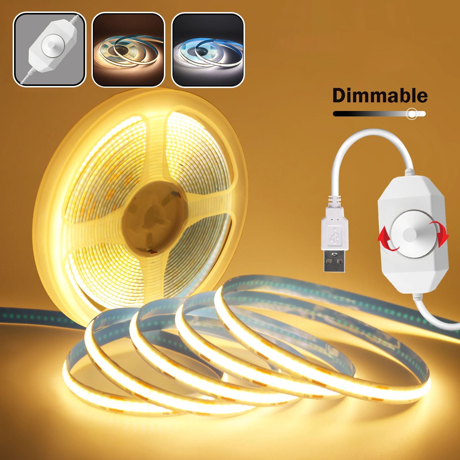 

5V USB 8mm COB LED Strip White Warm White Flexible Rope Light for Bedroom Home Decor