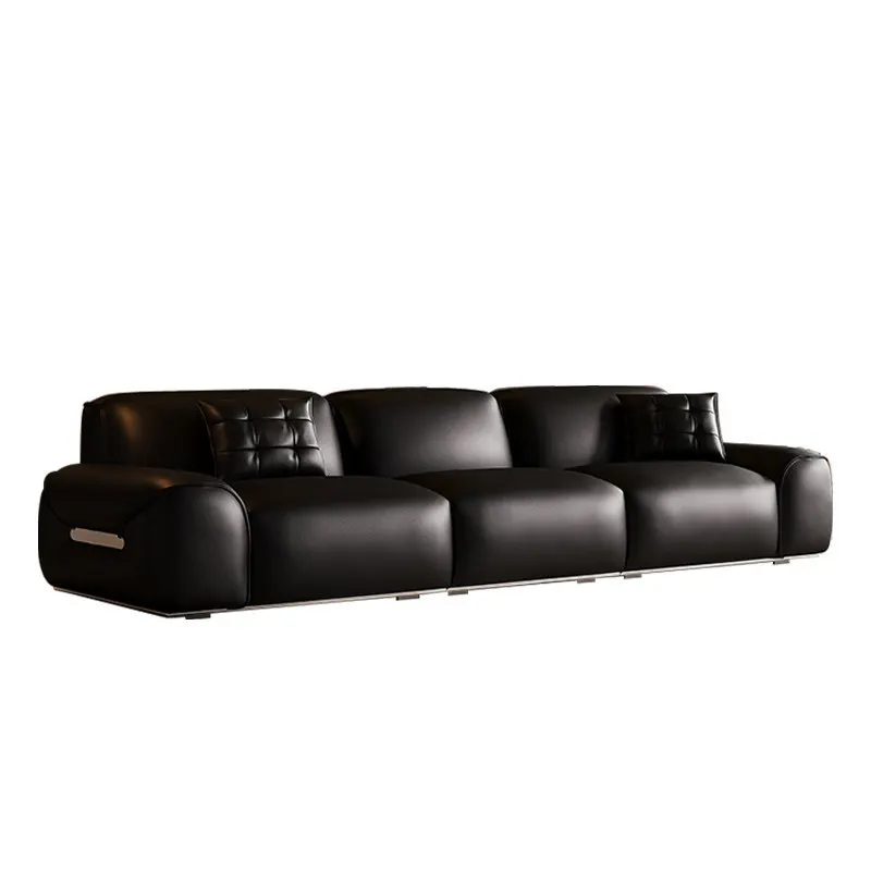 Italian minimalist sofa black straight row leather sofa first layer cowhide living room designer sofa combination