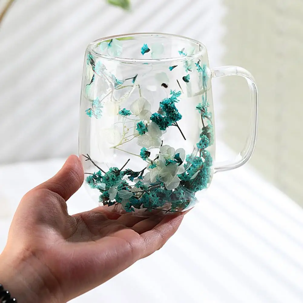 Borosilicate Glass Cup Translucent Glass Tea Cup Double-wall Borosilicate Glass Mug with Handle 350ml Dried Flower for Hot