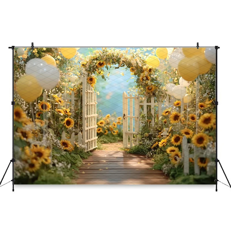 Mocsicka Sunflower Garden Photography Backdrop Fence Gate Yellow Balloons Background Summer Wedding Birthday Photoshoot Tapestry