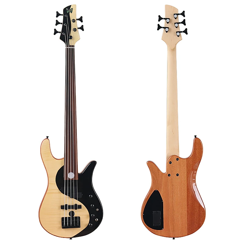 High Grade Active 5 string Electric Bass Guitar Fretless and Fret Maple with Black & White Color Bass Guitarra