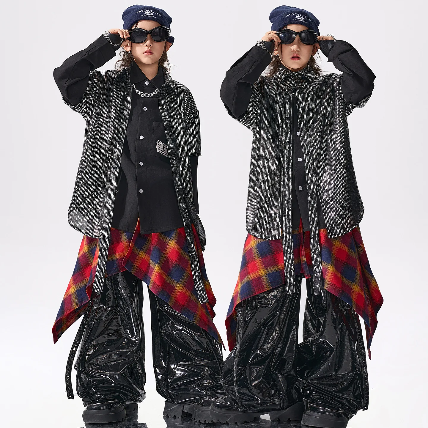 

Детские комплекты одежды для мальчиков и девочек: блестящая рубашка с коротким рукавом в стиле хип-хоп и кожаные брюки, костюмы для выступлений и танцев на сцене.