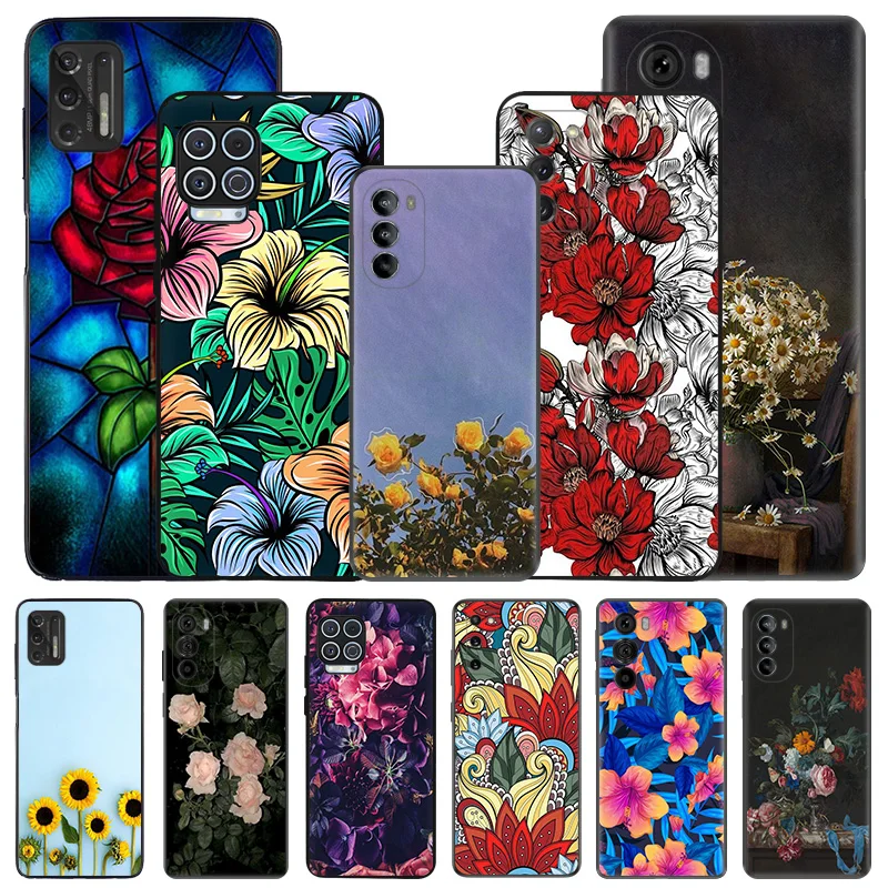 Silicone Black Phone Case for Motorola G72 G53 G73 G9 G50 G51 G60 G71 5G G22 G32 G52 Leaf Red Rose Daisy Edge 30 20 40 Pro Cover