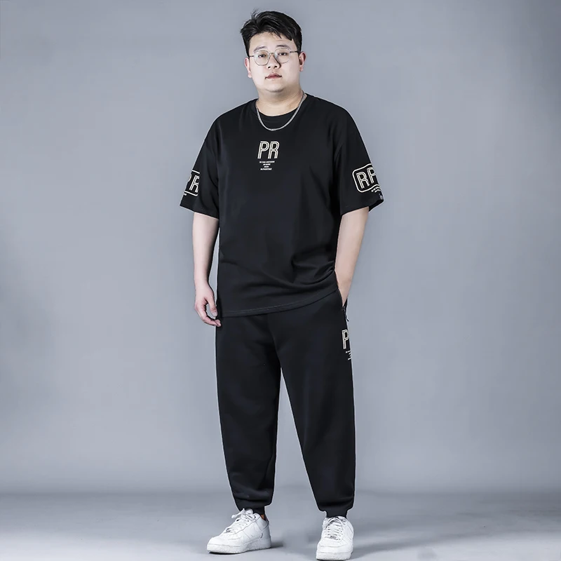 

Свободный повседневный мужской комплект: модная летняя футболка больших размеров и длинные брюки для полных мужчин (комплект из двух предметов)