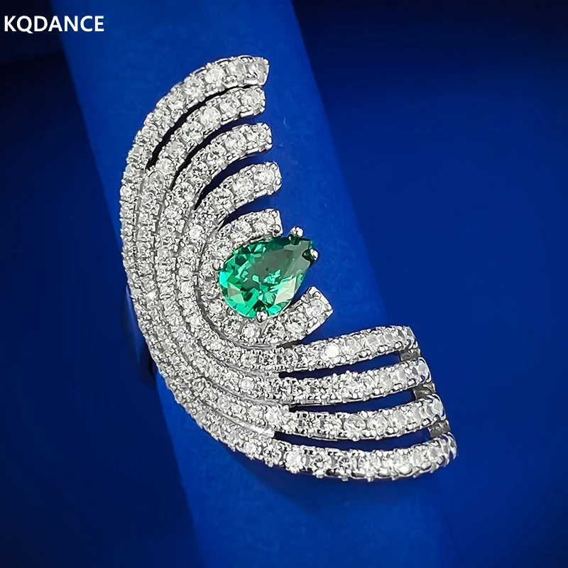 KQDANCE 925 sterling silver With 5*7mm Green stone Lab Created Pear Cut Diamond Gemstones Emerald Ring Fine Jewelry