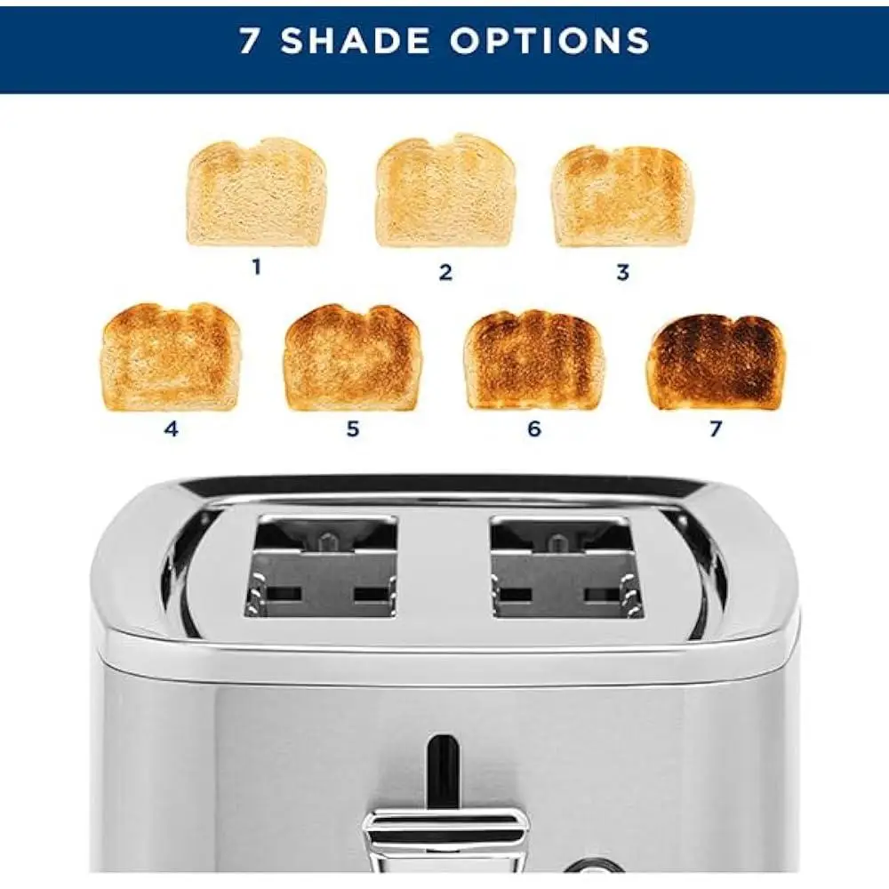2 Slice Stainless Steel Toaster Extra Wide Slots 7 Shade Settings Even Toasting Removable Crumb Tray Illuminated Buttons