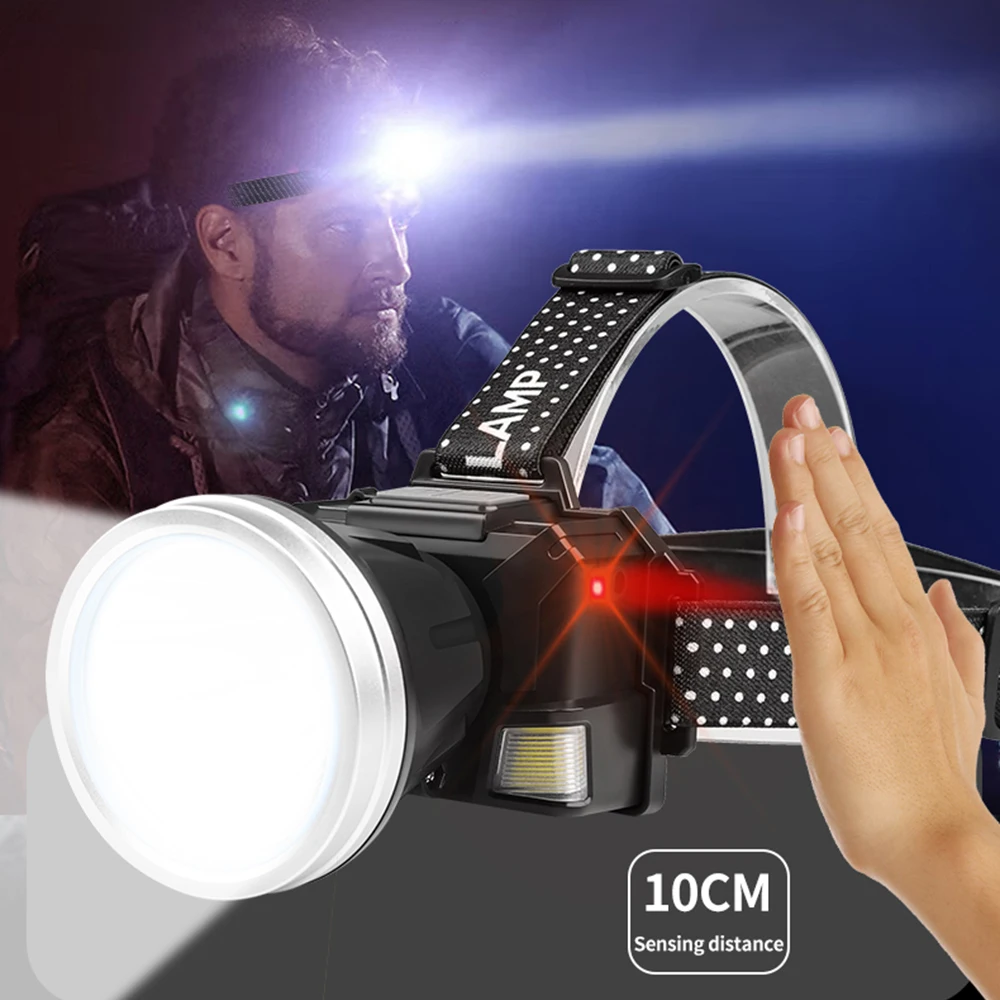 30W Motion Sensor LED Headlamp COB Head Torch USB Rechargeable Zoomable Headlight with Red COB Floodlight 6 Mode Front Lanterns