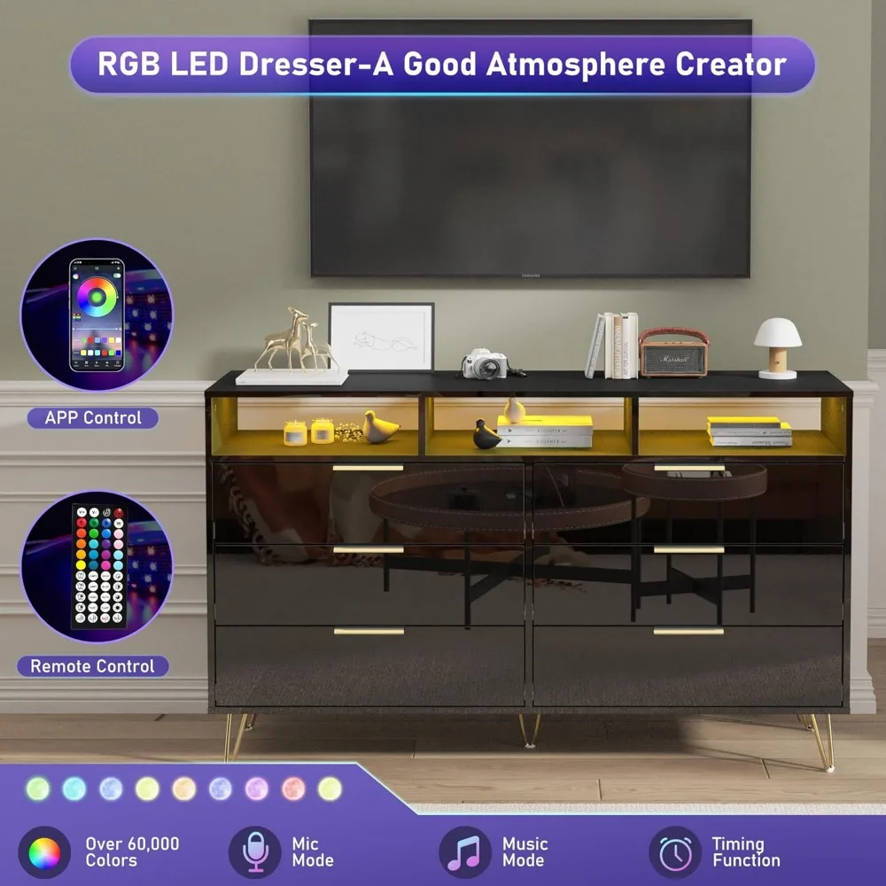 Cômoda para quarto com luzes LED, cômoda de 6 gavetas com pernas douradas