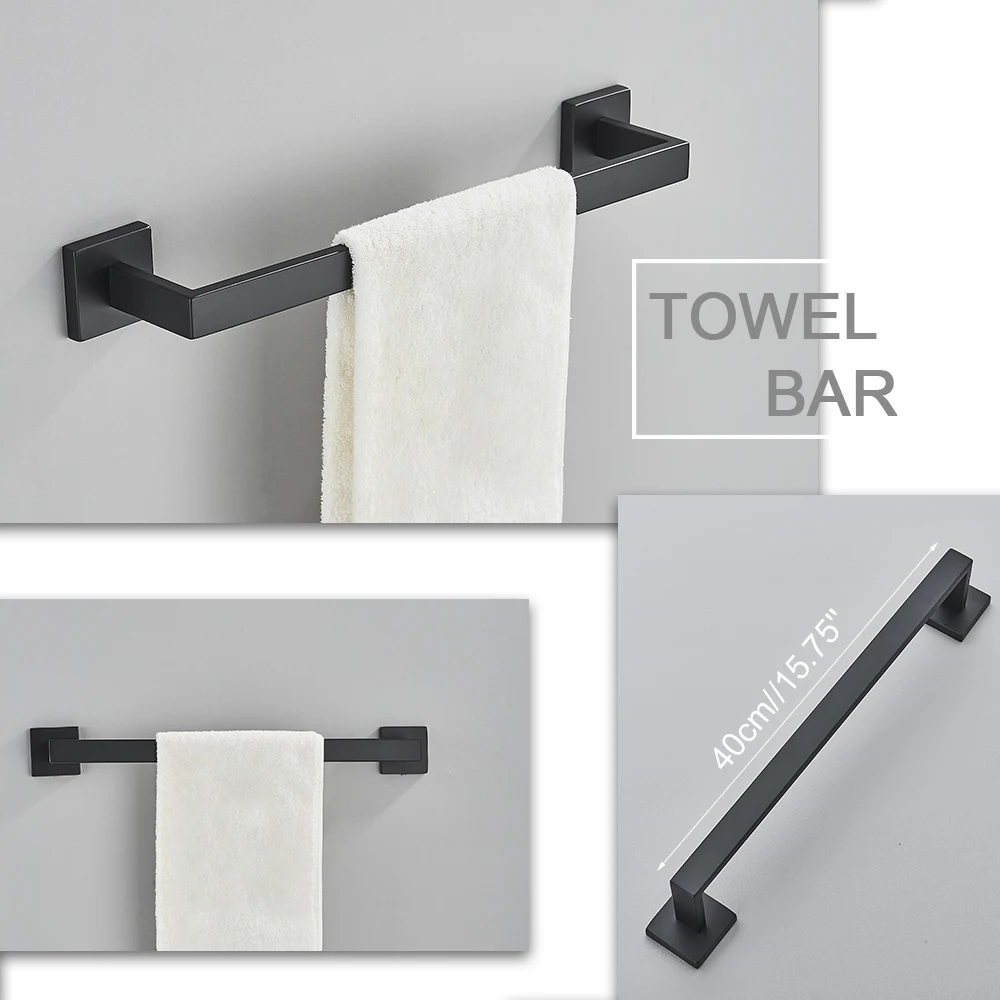 Black Bathroom 40cm Accessories Set Wall-Mount Stainless Steel Towel Bar Rack Toilet Roll Paper Holder Robe Hook Hanger Hardware