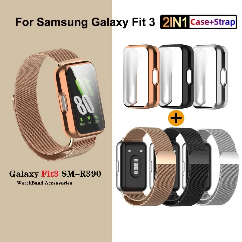 Milanese Magnetic Strap+TPU Case for Samsung Galaxy Fit 3 Bracelet Wristband Samsung Galaxy Fit 3 Screen Protector Cover Correa