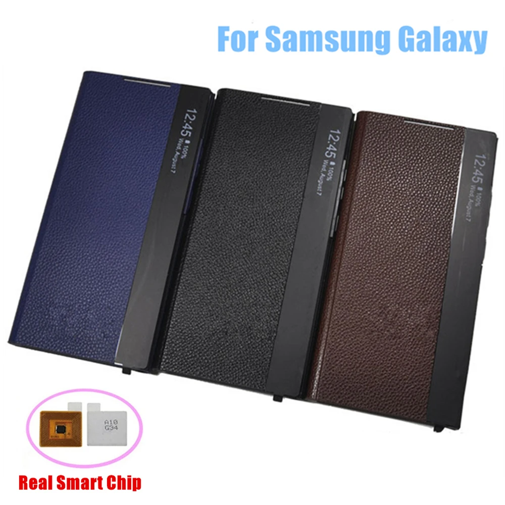 

Retro Lychee Pattern Leather Cover For Samsung Galaxy S20 Plus S20 Ultra S21 Ultra Window View Free-flip Display Smart Cases