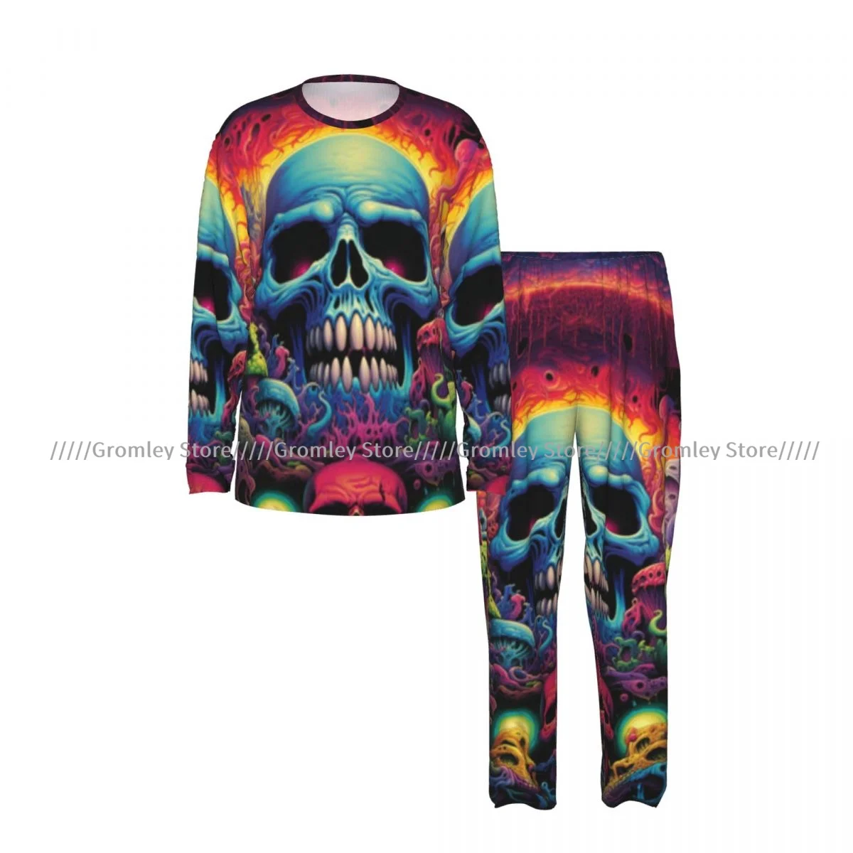 Men's Pajama Set Long Sleeve and Long Pants Human Skull Pattern Soft Sleepwear for Home