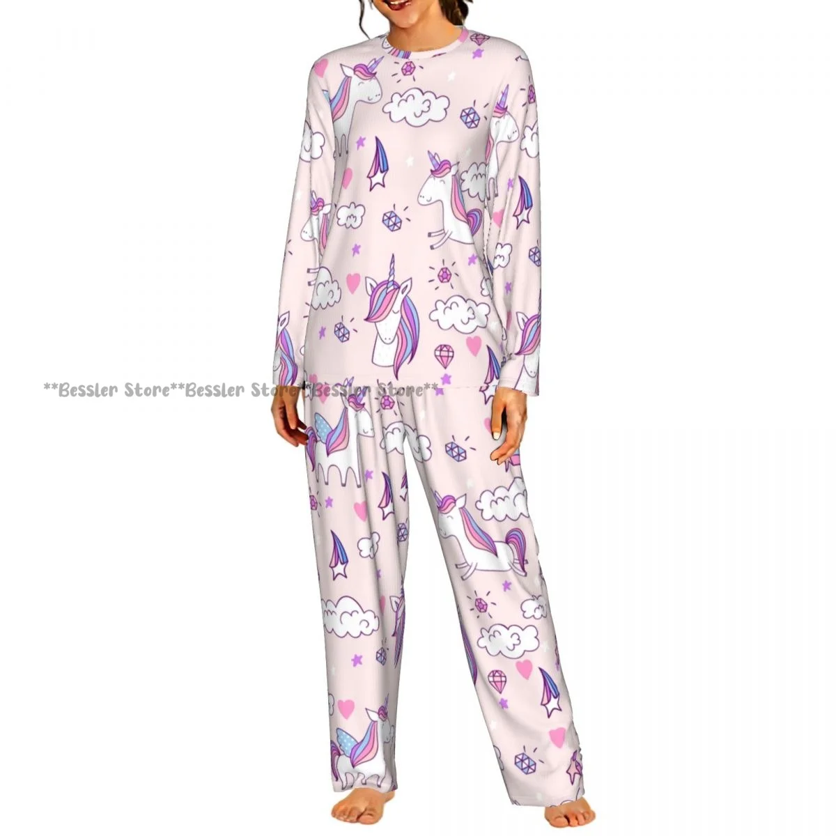 Women Round Neck Pajama Suit Long Sleeve Tops Long Pants Magic Cute Unicorn With Castle Pattern Ladies Nightwear Home Outfit