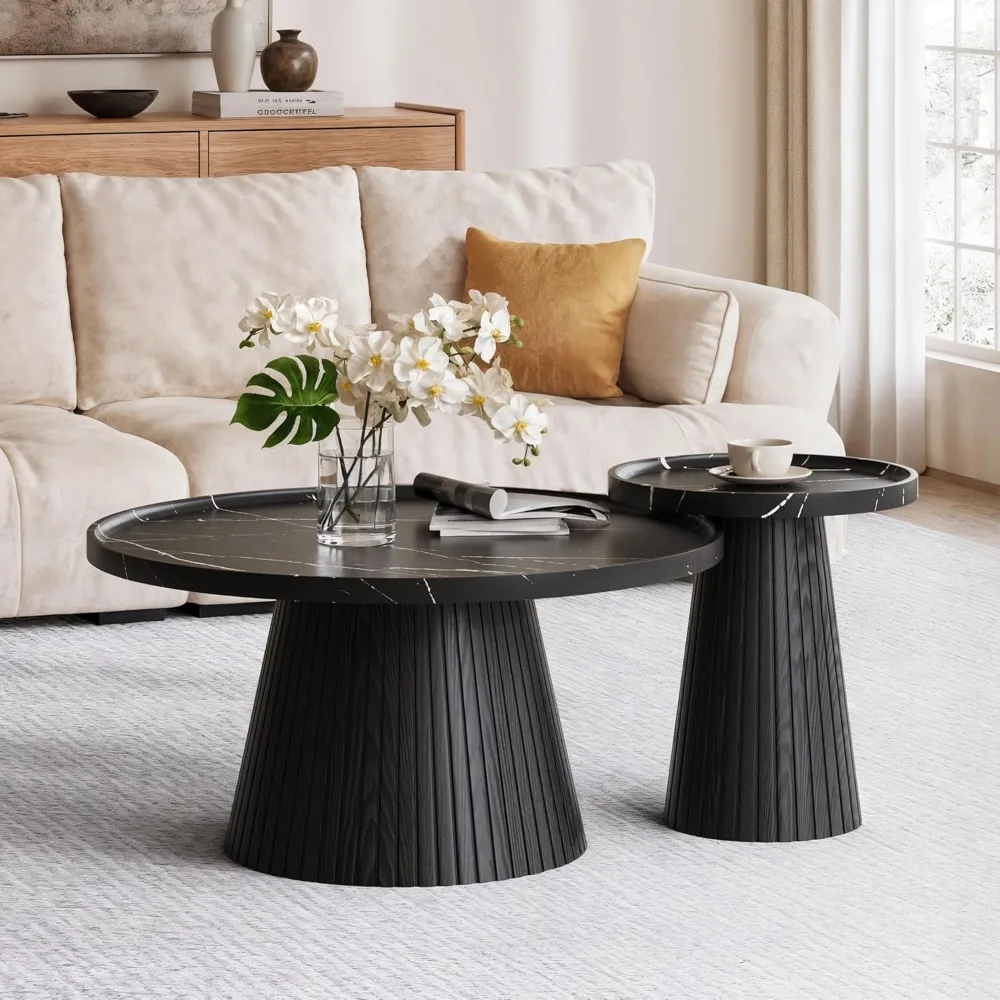 

Modern Nesting Coffee Tables with Marble Top, Set of 2, Minimalist Fluted Round Tables for Living Room