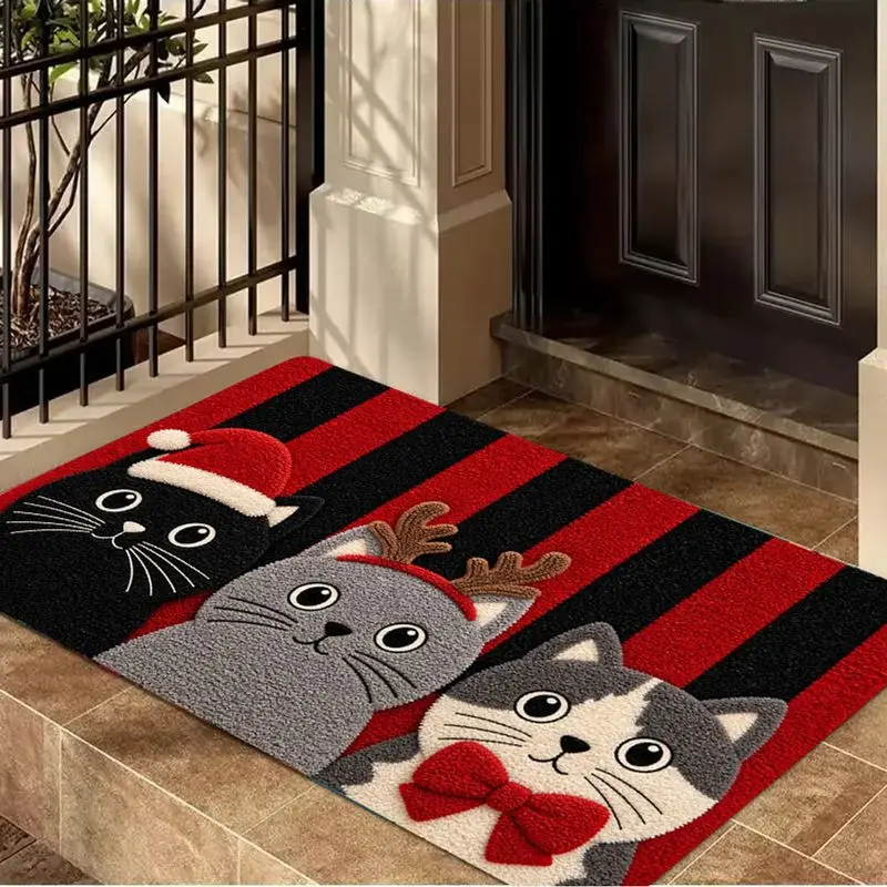 VIKAMA Christmas Cats Doormat, Three Kittens Santa Hat Antlers Red Bow Red Stripe Mat, Cute Front Door Welcome Mat