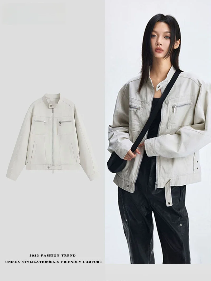 

Casual Waed Denim Jaet Windproof Spring Autumn ex Faionable Vintage Loose Fit Couple Outerwear Stand Fit Jaet