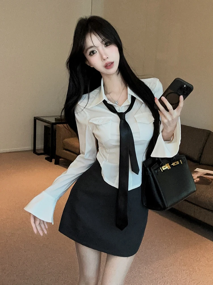 Slim Fit  Shirt And  Skirt Set Women's Fashion Sexy Style Long Sleeve Single Button Closure White Color Korean Version
