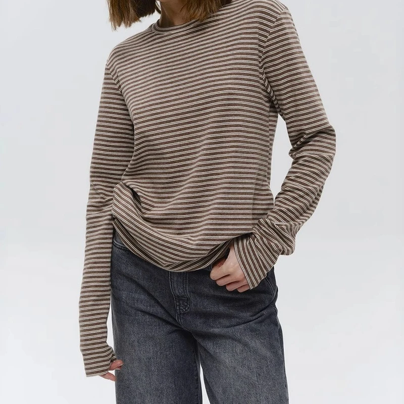 

2025 Autumn New Fashion Women Cotton Striped Long Sleeve T Shirt Office Casual Simple Round Neck Pullover Tops & Tees