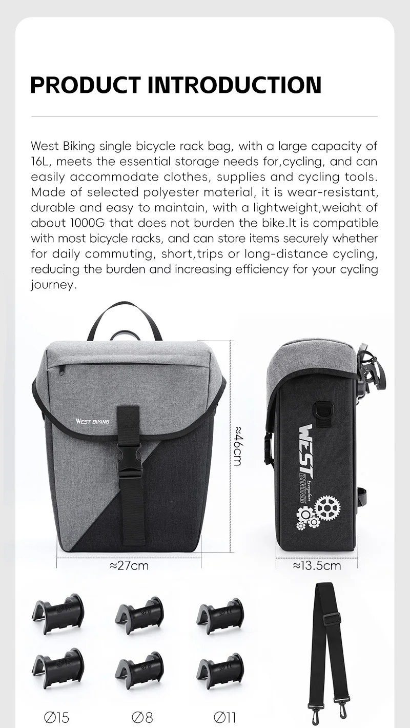 WEST BIKING 16L Wasserdichte Fahrrad-Gepäckträgertasche Große Kapazität Fahrrad-Gepäckträger-Tasche mit Schnellverschluss-Clips für Rennräder – Detail 3