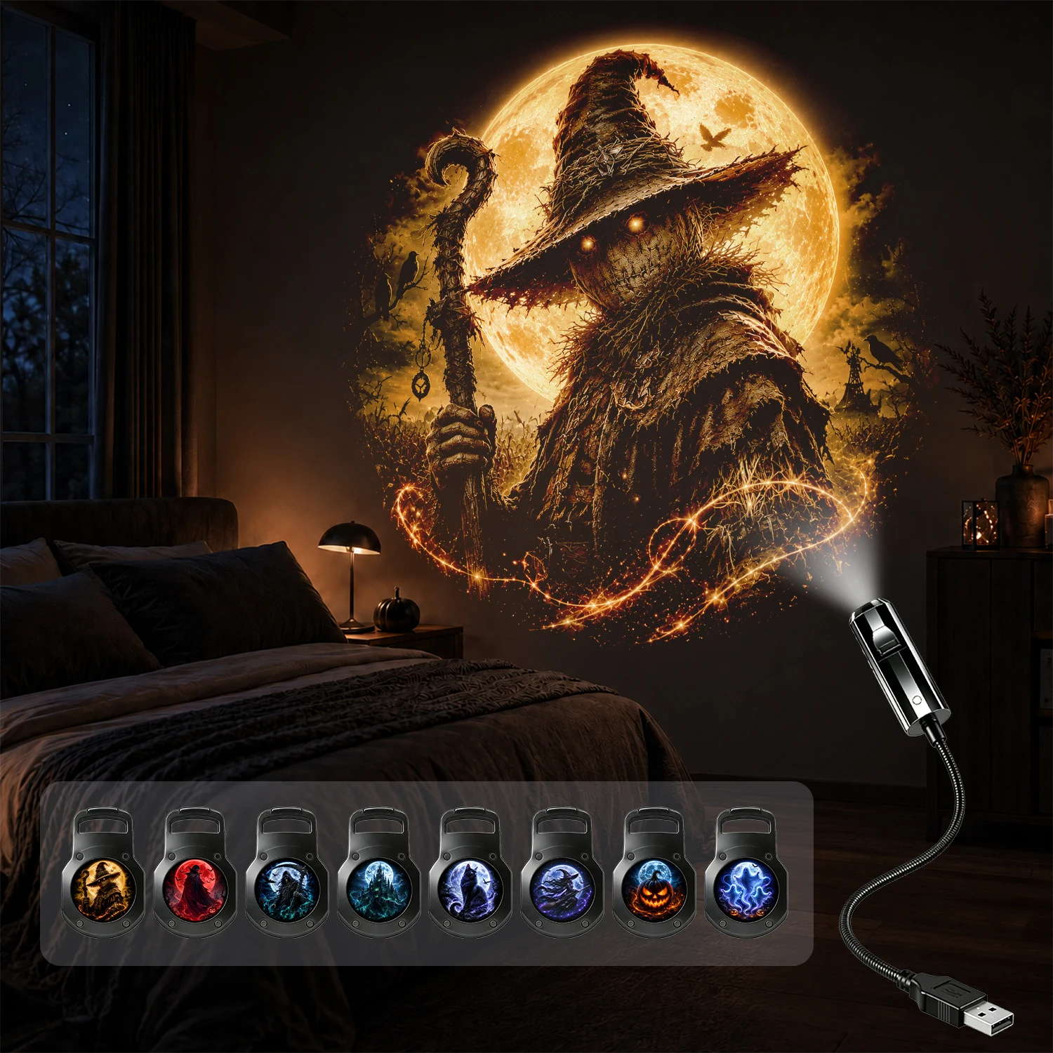 Proyector De Luz De Enseñó, 8 Patrones Intercambiables, Perfecto Para La Decoración De Habitaciones En Halloween.