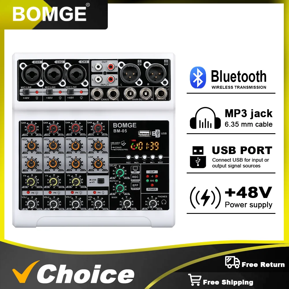 

BOMGE BM-05-W Dj Микшерная консоль Met Bluetooth 48 В Монитор фантомного питания Караоке Systeem Usb Микшер Аудио