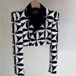 Veste à col rabattu pour femmes, motif géométrique, imbibé, blazers, manteau noir et blanc, cardigan, taille haute, vêtements d'extérieur, printemps, automne