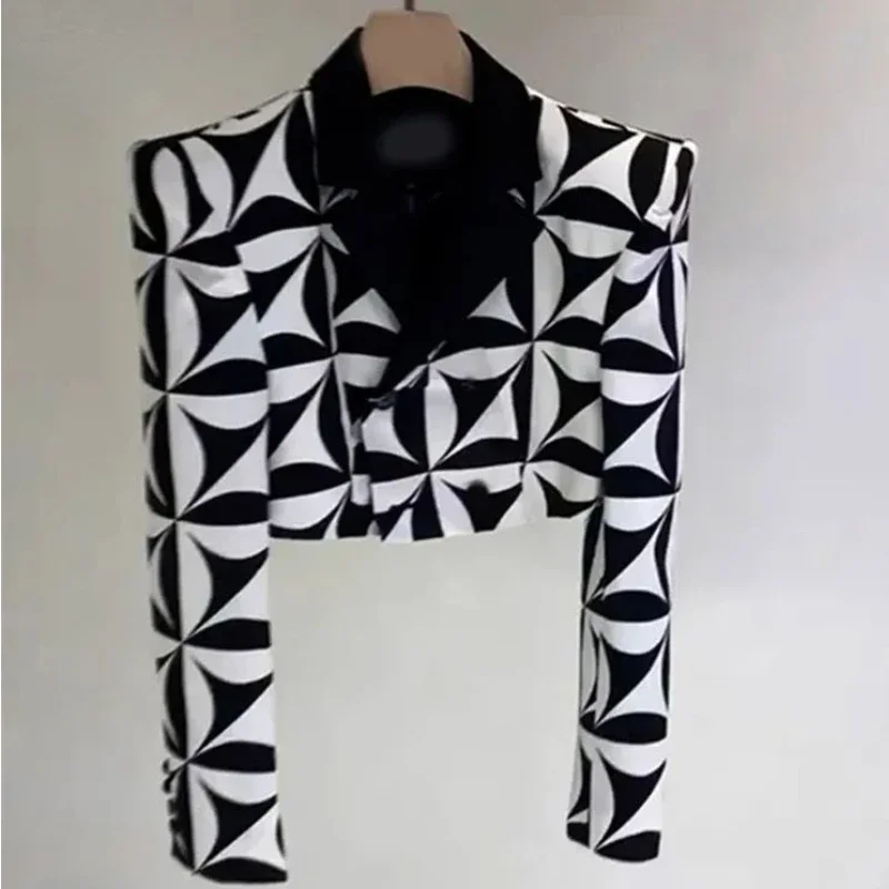 Women's Turn Down Collar Geometric Pattern Suit Jacket Spring Autumn OL Blazers Coat Black And White Cardigan High Waist Outwear