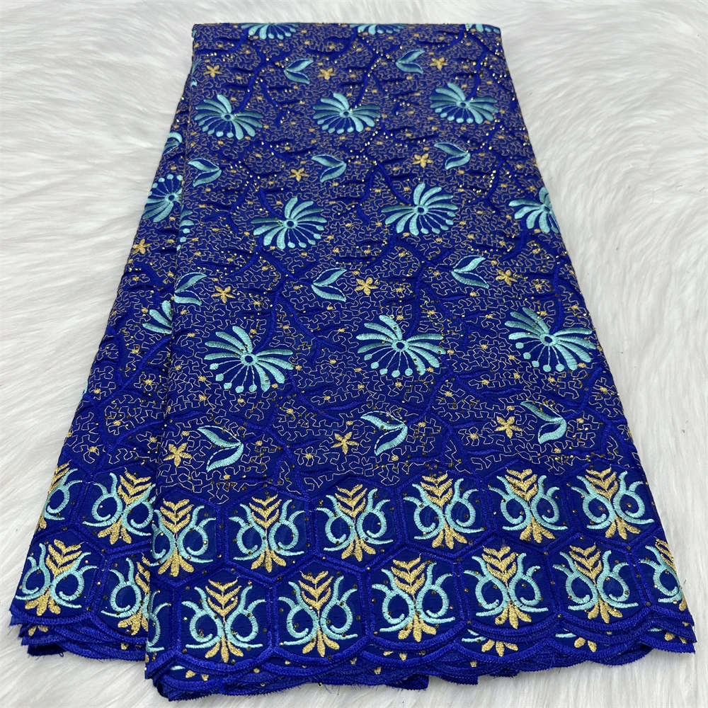 

Cotton Swiss Lace Fabric and Tulle Scarf Set , Blue Swiss Lace with Rhinestones for Women Dress, 5 Yards