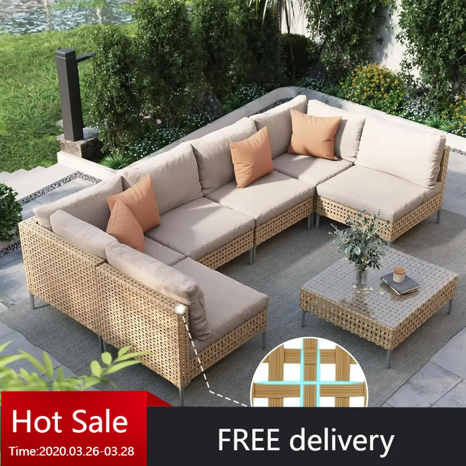 7-Piece Wicker Patio Furniture Set, Boho Outdoor Set Sectional Sofa with Water Resistant Thick Cushions and Coffee Table, Beige