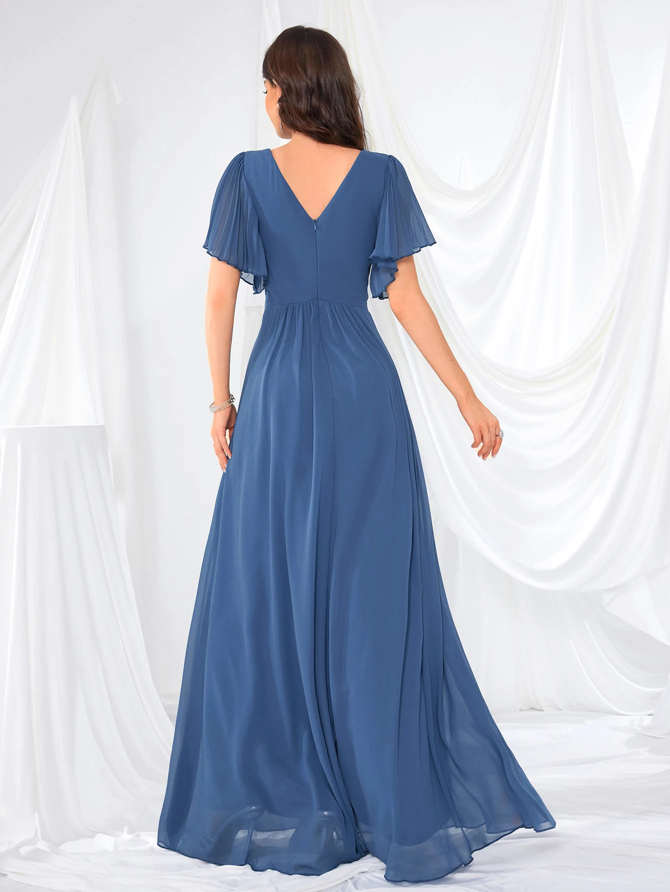 UNITHORSE Damska sukienka z szyfonu z dekoltem w szpic i koronkowym wykończeniem