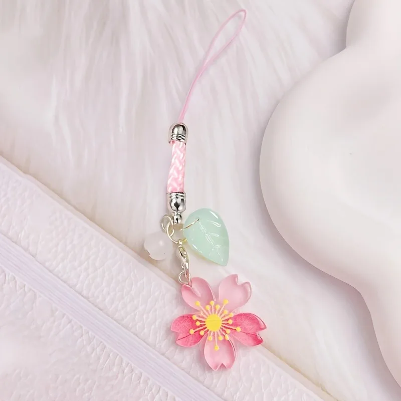 Super Cute Sakura Flowers Charms For IPhone/Samsung/Huawei Mobile Phone Case Keychain Car Key Chains Headset Cover Hanging Rope