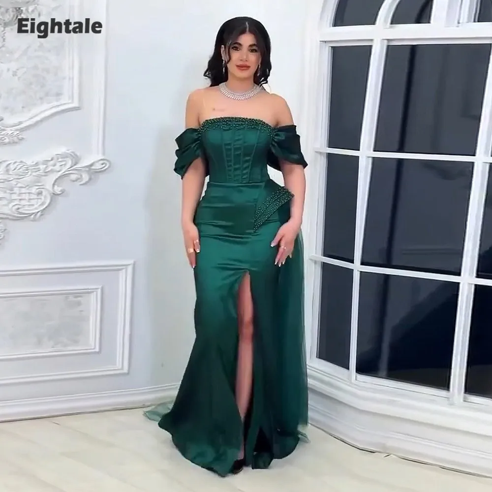 

Eightale Arabic Evening Dress Strapless Customized Beaded Side Slit Satin Mermaid Dark Green Prom Wedding Party Gowns