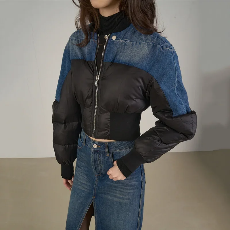 Washed Denim Patchwork Quilted Jacket Women 2024 Stylish Slim High-waisted Cropped Jeans Jackets Outerwear Autumn Winter