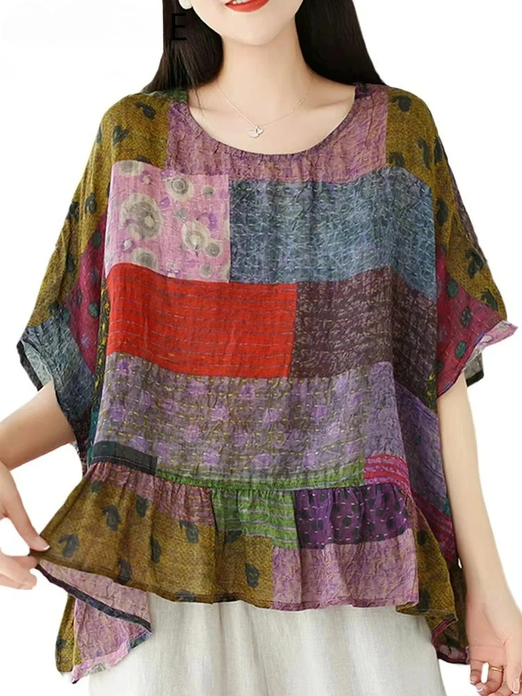

Summer Korean Fashion Shirts Womens Classic Loose Printed Linen Blouses Ladies Elegant Vintage Casual Big Size Tops