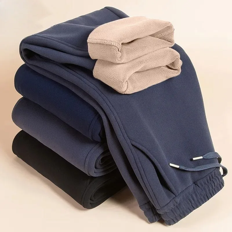 Winter Unisex Warm Pants Plush Thick Embroidery Elastic Waist Drawstring Trousers Loose Wearproof Comfy Men Sports Rib Leg Pants