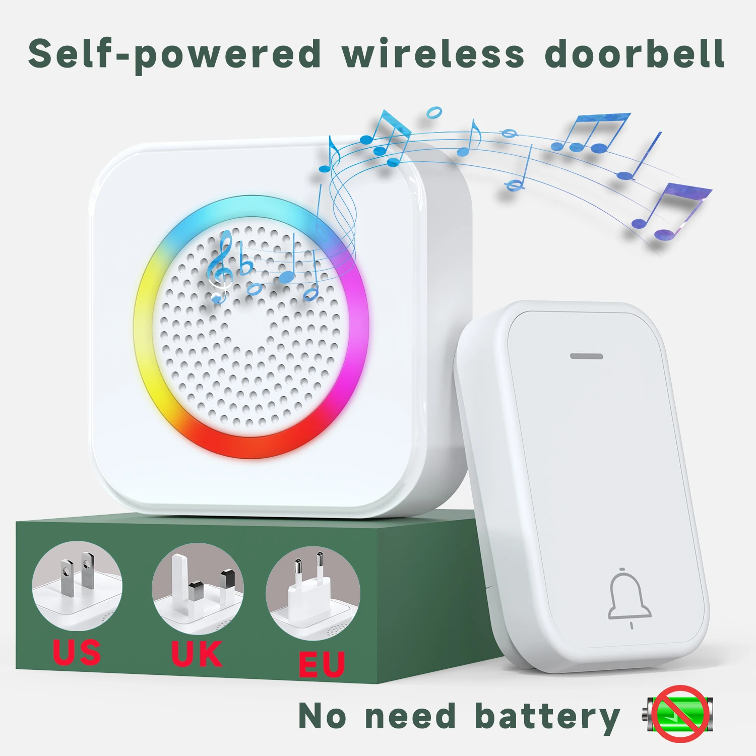 

No Need Battery Self Powered Wireless Doorbell US/UK/EU Plug Outdoor Waterproof 350m Range House Kinetic Door Bell Set