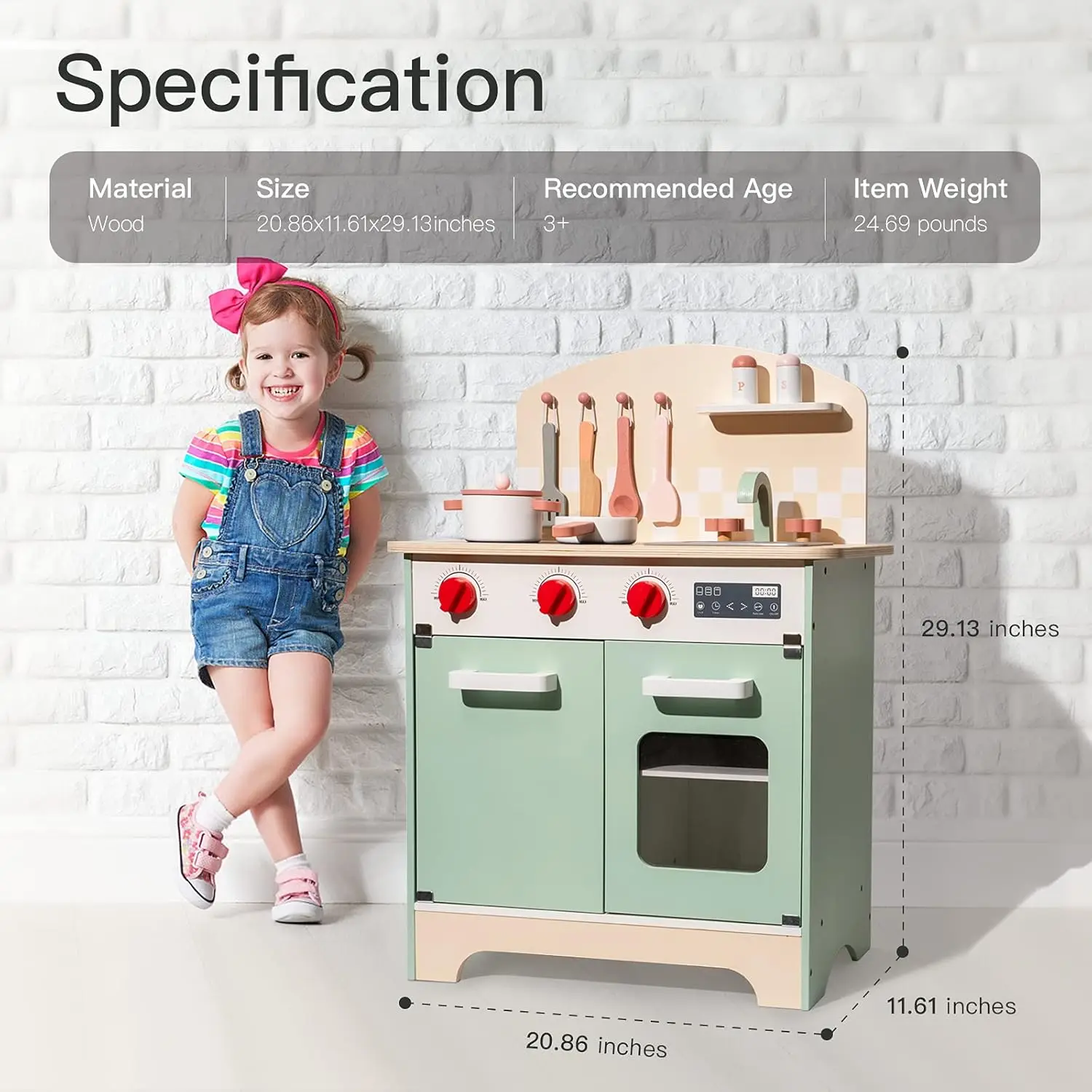 Robotime Robud Wooden Play Kitchen Realistic Kitchen Set Wood Chef Pretend Kids Kitchen Playset for Kids Boys Girls 3+ Green