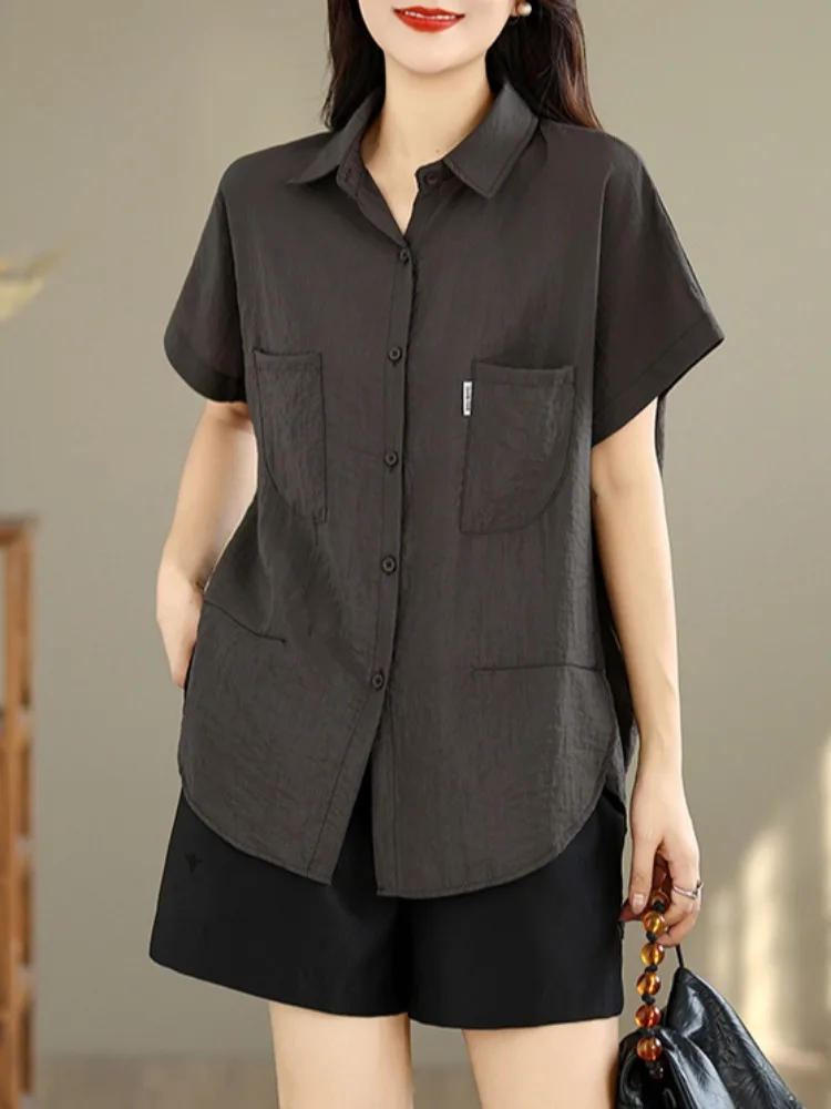 

Summer Ice Silk Cool Feeling Casual Short Sleeve Women's Shirt Loose Fit Loose Covering Slimming Effect Turn-down Collar