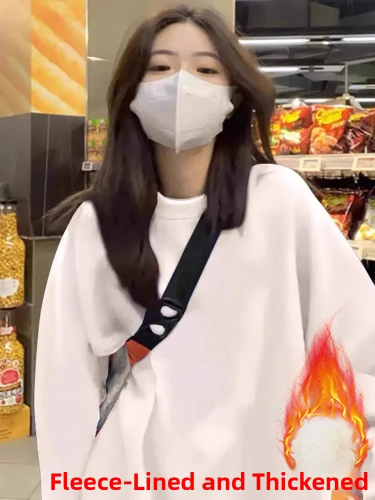 الأبيض Fce اصطف Thiened حجم كبير هوديي المرأة ربيع الخريف فضفاض منتصف طول أعلى جولة Ne مريحة البوليستر